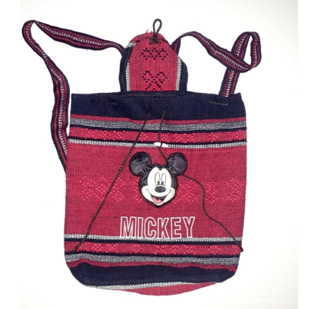 Mickey Mouse Woven Backpack Black Red w/Mickey Hea